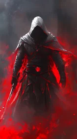 Hooded dark warrior walking through red swirling energy.