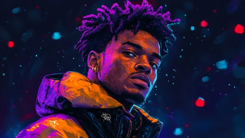 Neon-lit portrait of man in orange jacket, cyber glow palette.