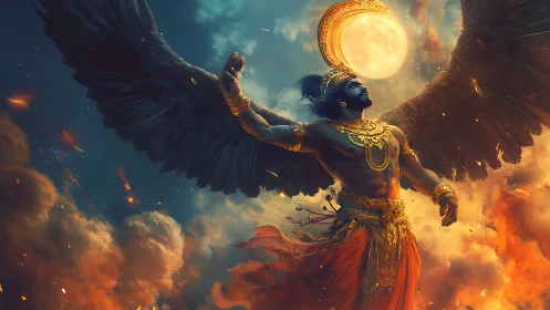 Winged mythic guardian ascending through combusting heavens.