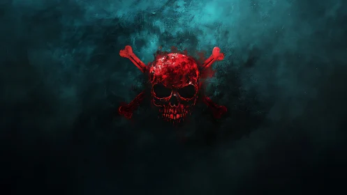 Crimson skull emblem on teal textured storm haze.