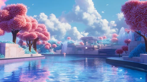 Synthetic waterside garden with pastel trees and fountains.