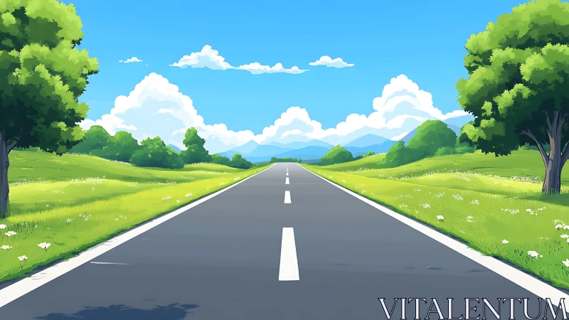 Two-lane rural road extends toward distant blue mountains under sunlit sky