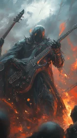 Hooded demon guitarist plays heavy metal in firestorm