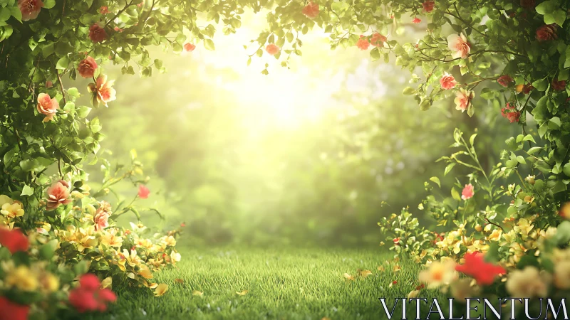 Sunlit garden arch frames glowing verdant meadow path.