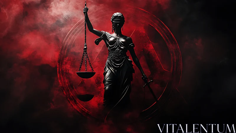 Striking Lady Justice stands strong in deep red shadows