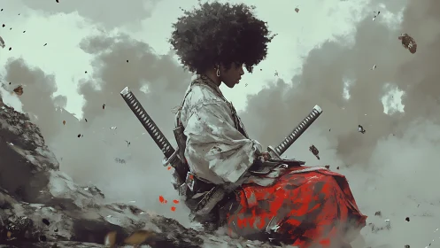 Afro samurai meditates in drifting battlefield smoke
