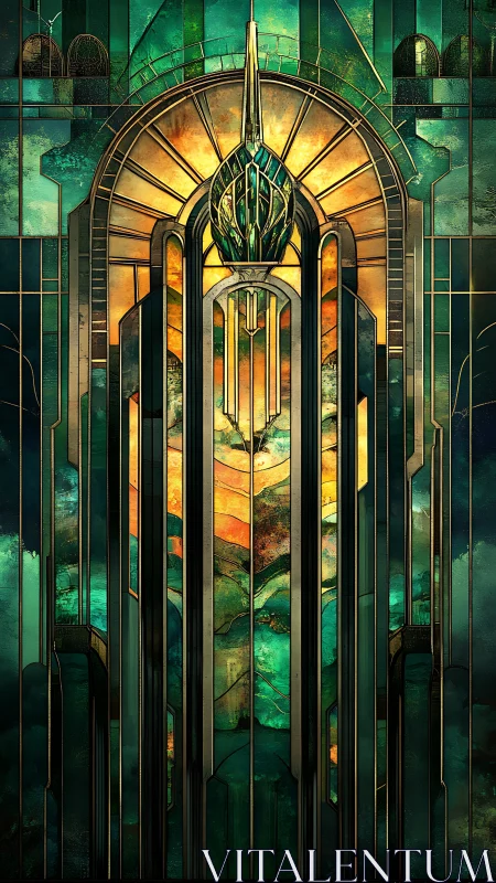 Art deco cathedral window with emerald cosmic landscape.
