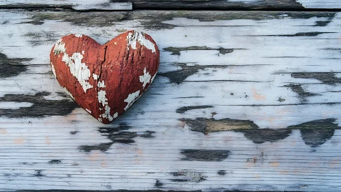 Red painted wooden heart resting on weathered blue boards