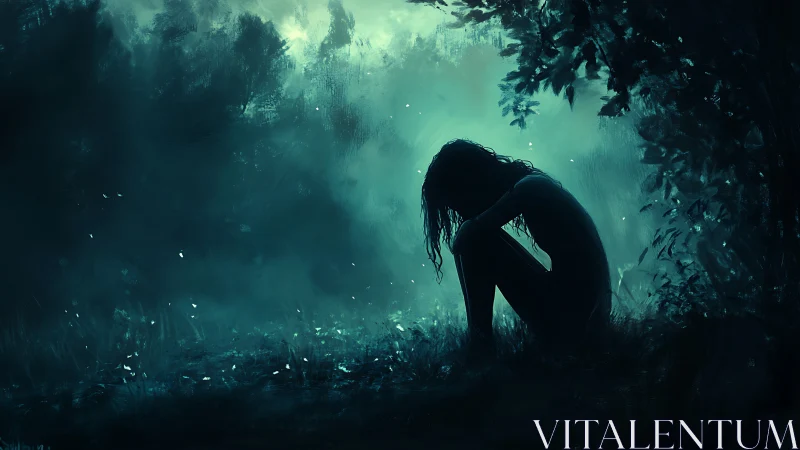 Solitary figure seated in dim forest clearing at dusk.