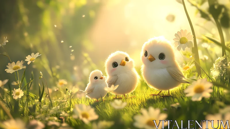 Fluffy songbird trio under golden backlit meadow glow.