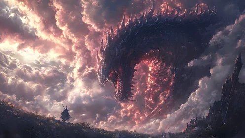 Storm-lit dragon eclipse above lone fantasy warrior.