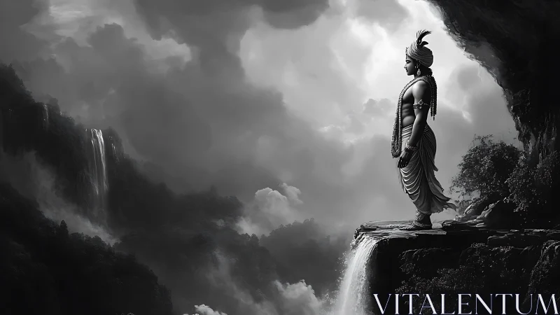 Solitary robed figure on cliff edge above misted valley.