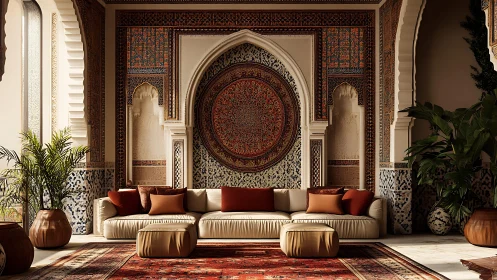 Moroccan-inspired lounge frames ornate arch and mosaic wall.
