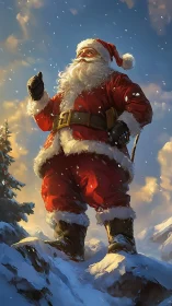 Santa Claus standing on snowy cliff in winter sunset.