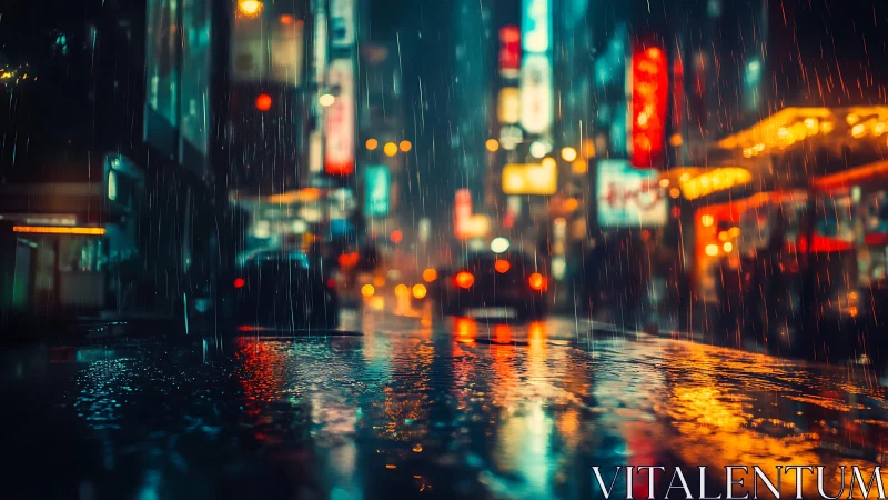 Neon city streets glowing softly in a soothing night rain.