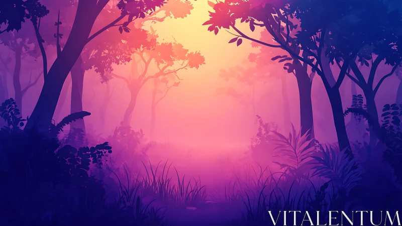 Enchanted Twilight Forest Bathed in Mystical Pink Light