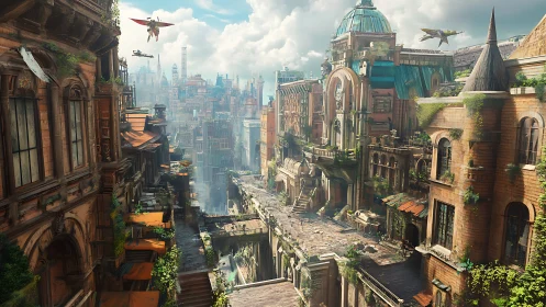 Digital painting of neo-baroque skyway city with verdant ruins.