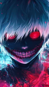 Neon eyed phantom with a stitched crimson smile unveiled.