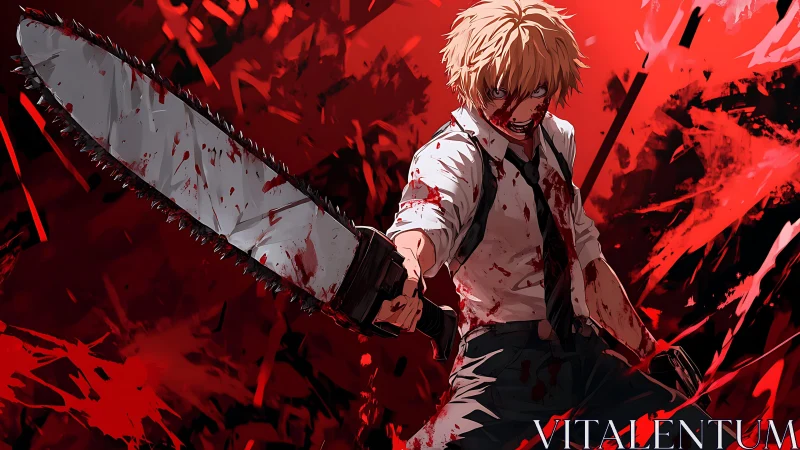 Bloodied anime fighter thrusts large chainsaw toward viewer