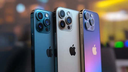 Three modern Apple smartphones with prominent camera arrays.