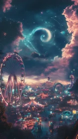 Celestial carnival whirls beneath a spiral-blooming sky.