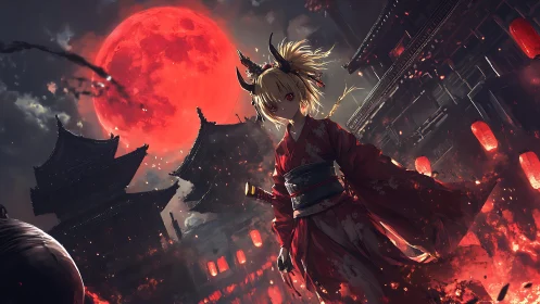 Horned kimono figure under red moon in burning streetscape.