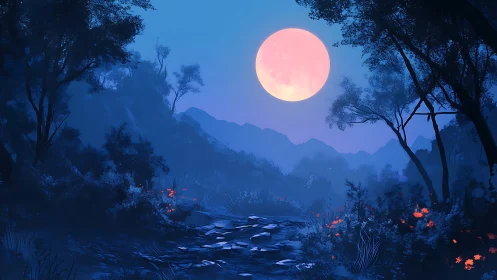 Lunar-illuminated forest path with blue haze and crimson flora