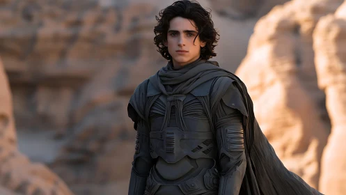 Young desert wanderer in futuristic armor gazes ahead.