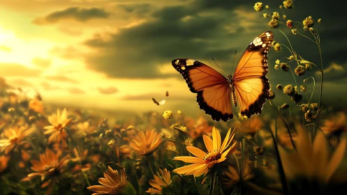 Golden butterfly drifts gently above a glowing sunset meadow
