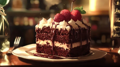 Layered Chocolate Cake with Cream Frosting and Fresh Raspberries