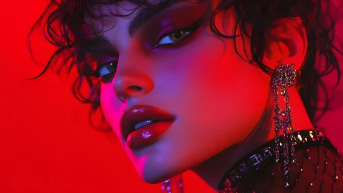 Close-up portrait in red and magenta studio lighting.