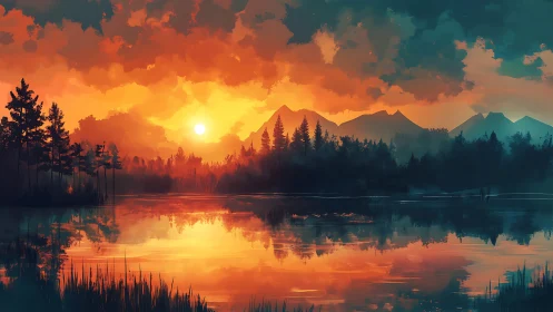 High saturation alpine lake sunset with silhouetted conifers