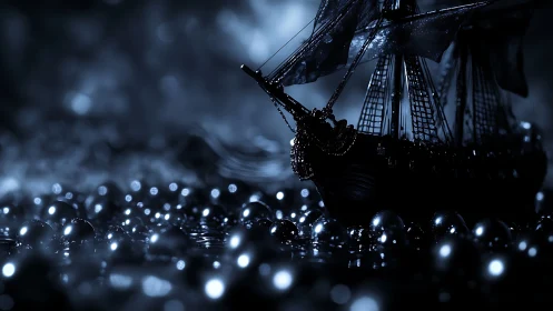 Midnight toy galleon drifting through a sea of silver orbs.