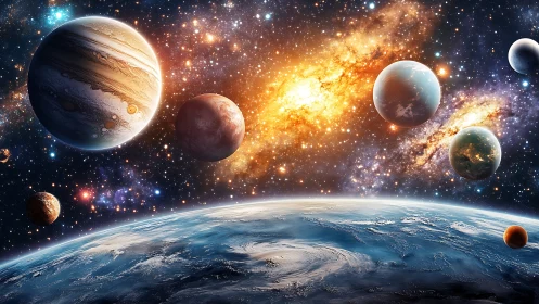 Multi-planet cosmic scene above cloud-covered world.