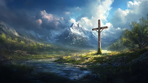 Sunlit valley cross keeps quiet watch on snow crowned peaks