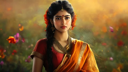 Young Indian woman in traditional attire amidst glowing floral background.