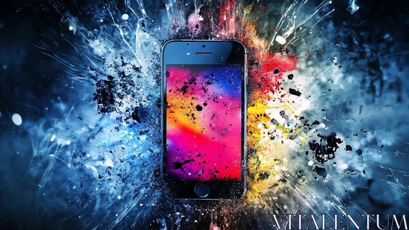 Smartphone at impact center with chromatic explosion field