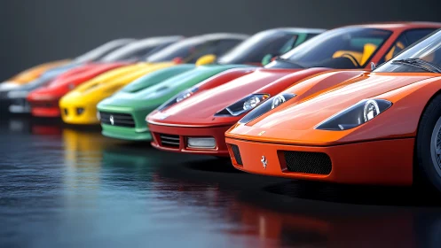 Row of colorful sports cars lined on glossy dark surface.