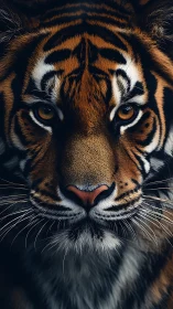 Tiger portrait shows intense gaze and intricate fur detail.