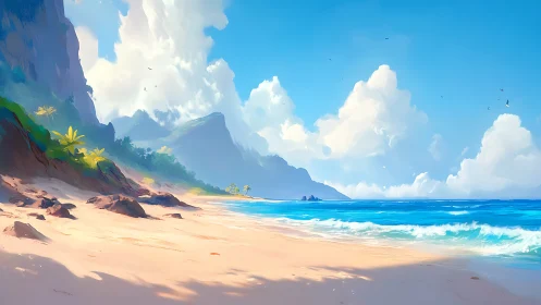 Tropical Paradise Beach with Majestic Cliffs and Ocean.