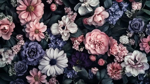 Dark Floral Arrangement with Pink, White, and Purple Blooms.