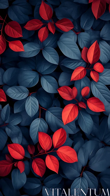 Red and blue stylized leaves form dense overlapping pattern