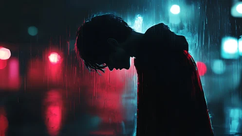 Silhouetted figure stands in neon rain, lost in reflection