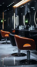 Row of salon chairs stands aligned in a reflective interior