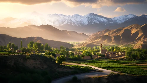 Sunlit mountain village breathes quietly beneath icy crowns