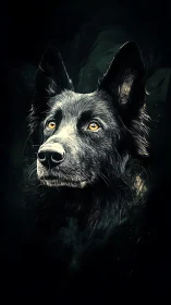 Black dog portrait with bright yellow eyes on dark background.