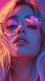 Neon-lit closeup of woman in mirrored round sunglasses.