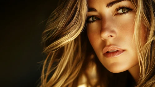 Close portrait of woman with golden hair and intense gaze.