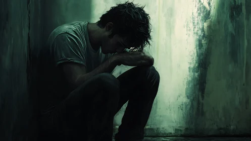 Solitary male figure seated against textured green wall.