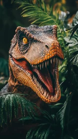 Photorealistic velociraptor head roaring amid dense jungle foliage